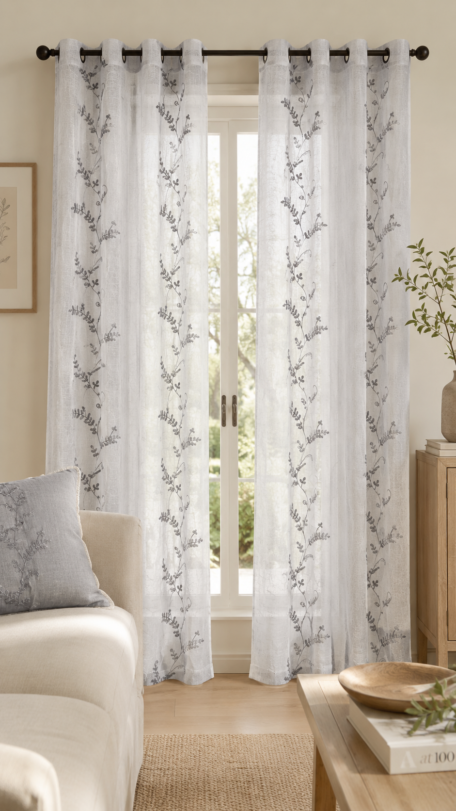 Cortina Visillo Blanca Bordada Lazo Gris 140x260 cm