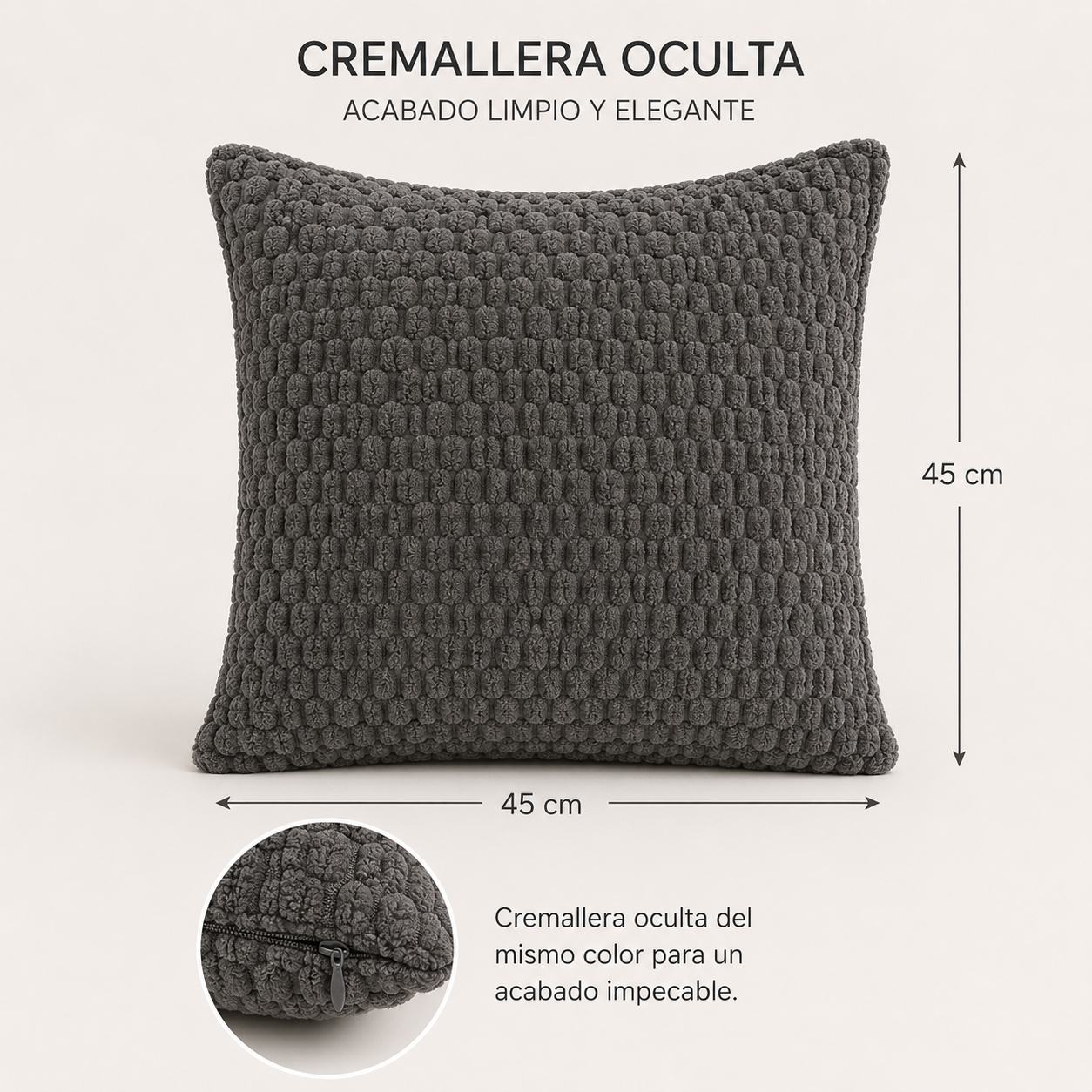 Funda De cajín con relieve de Color Gris Oscuro  45x45 cm