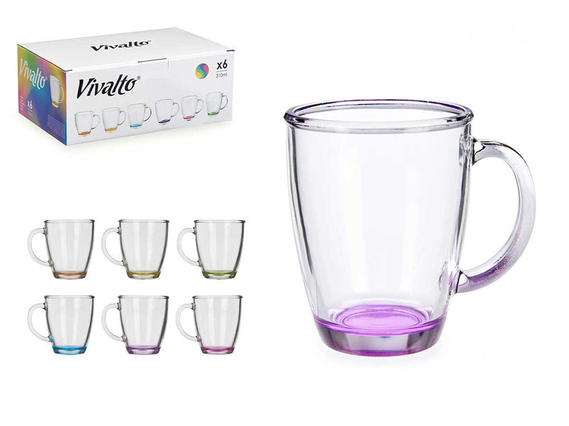 Juego 6 Tazas vidrio desayuno color 310 ml con asa