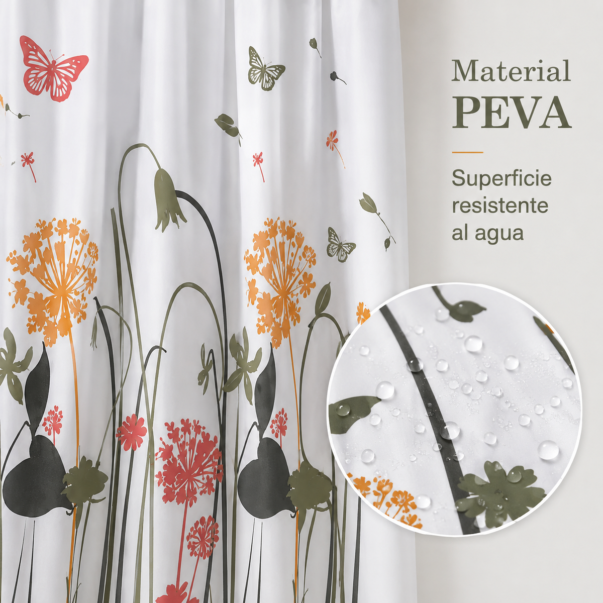 Cortina de Baño 180x180 cm de PEVA Resistente al Agua con Estampado Floral y Mariposa