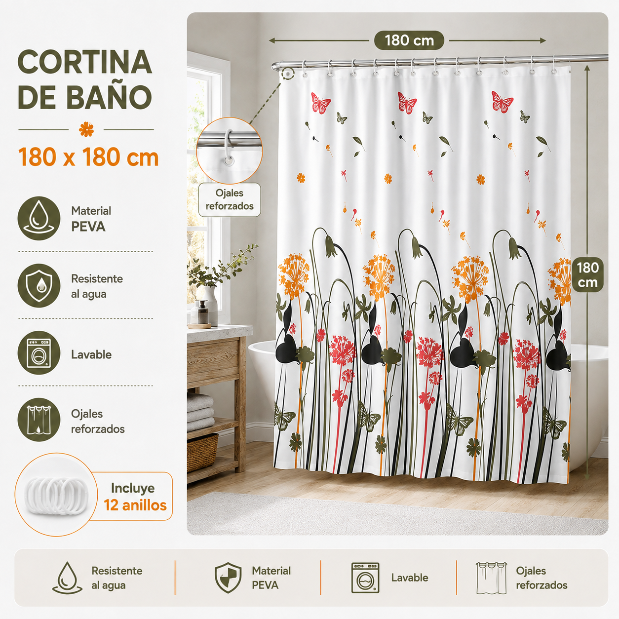 Cortina de Baño 180x180 cm de PEVA Resistente al Agua con Estampado Floral y Mariposa