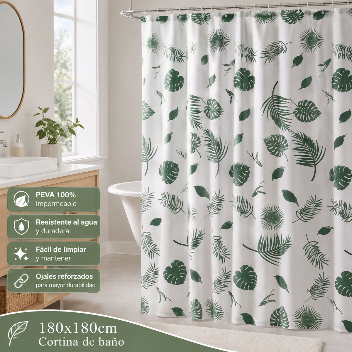 Cortina de Baño 180x180 cm de PEVA Resistente al Agua con Estampado Hojas Verdes Estilo Tropical , Lavable, Fácil de Instalar,