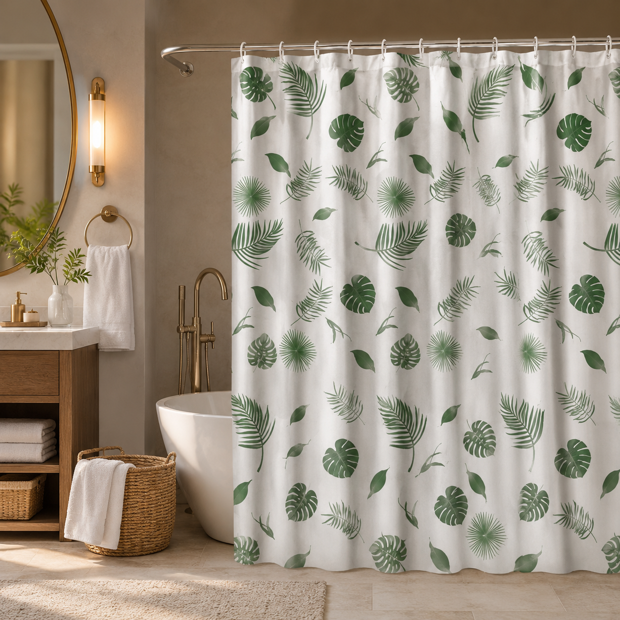 Cortina de Baño 180x180 cm de PEVA Resistente al Agua con Estampado Hojas Verdes Estilo Tropical , Lavable, Fácil de Instalar,