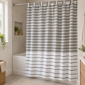 Cortina de Baño 180 × 200 cm con  liñas horizontales color beige gris y blanco
