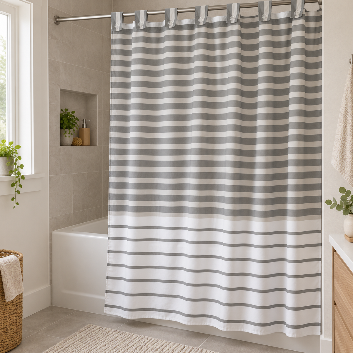 Cortina de Baño 180 × 200 cm con  liñas horizontales color beige gris y blanco