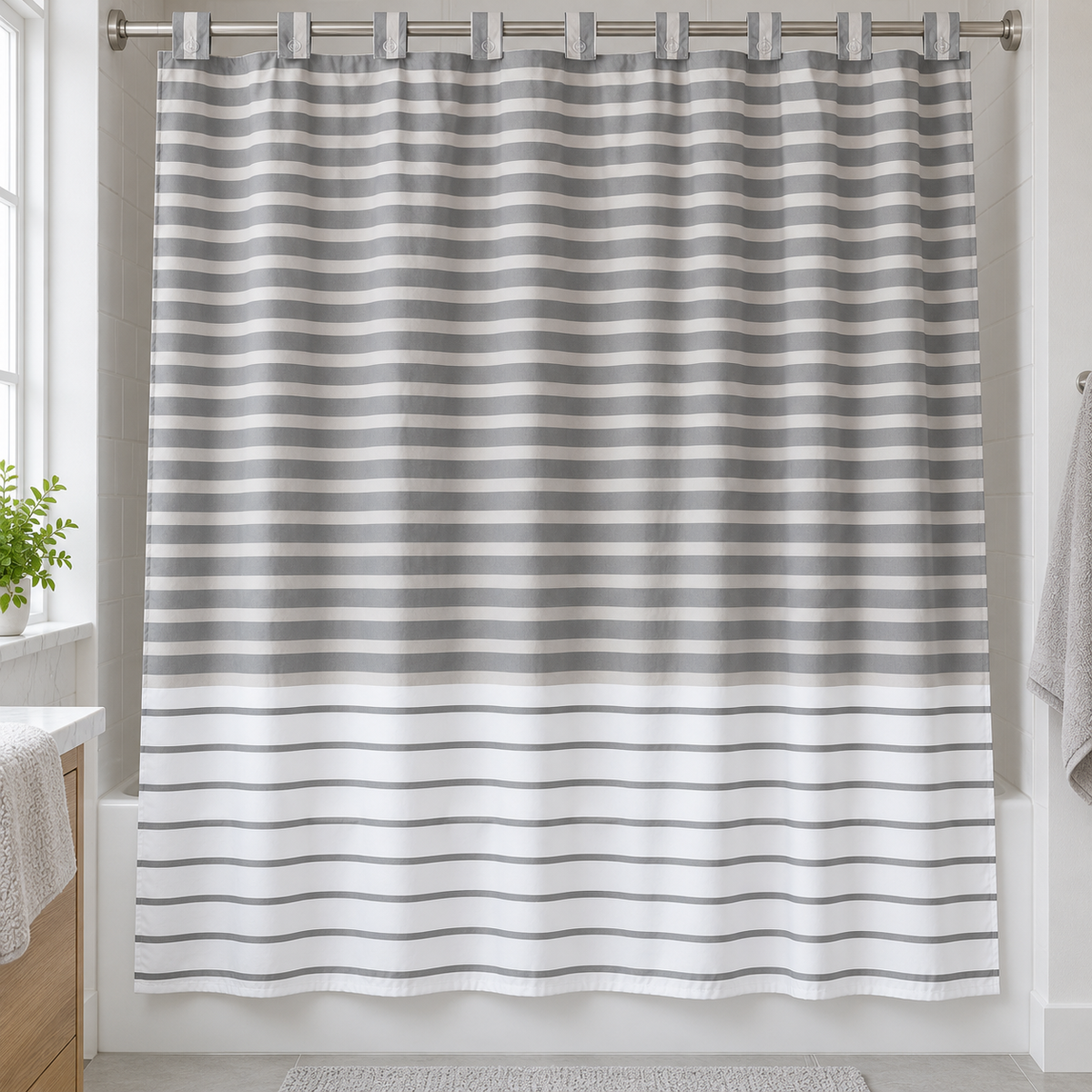 Cortina de Baño 180 × 200 cm con  liñas horizontales color beige gris y blanco