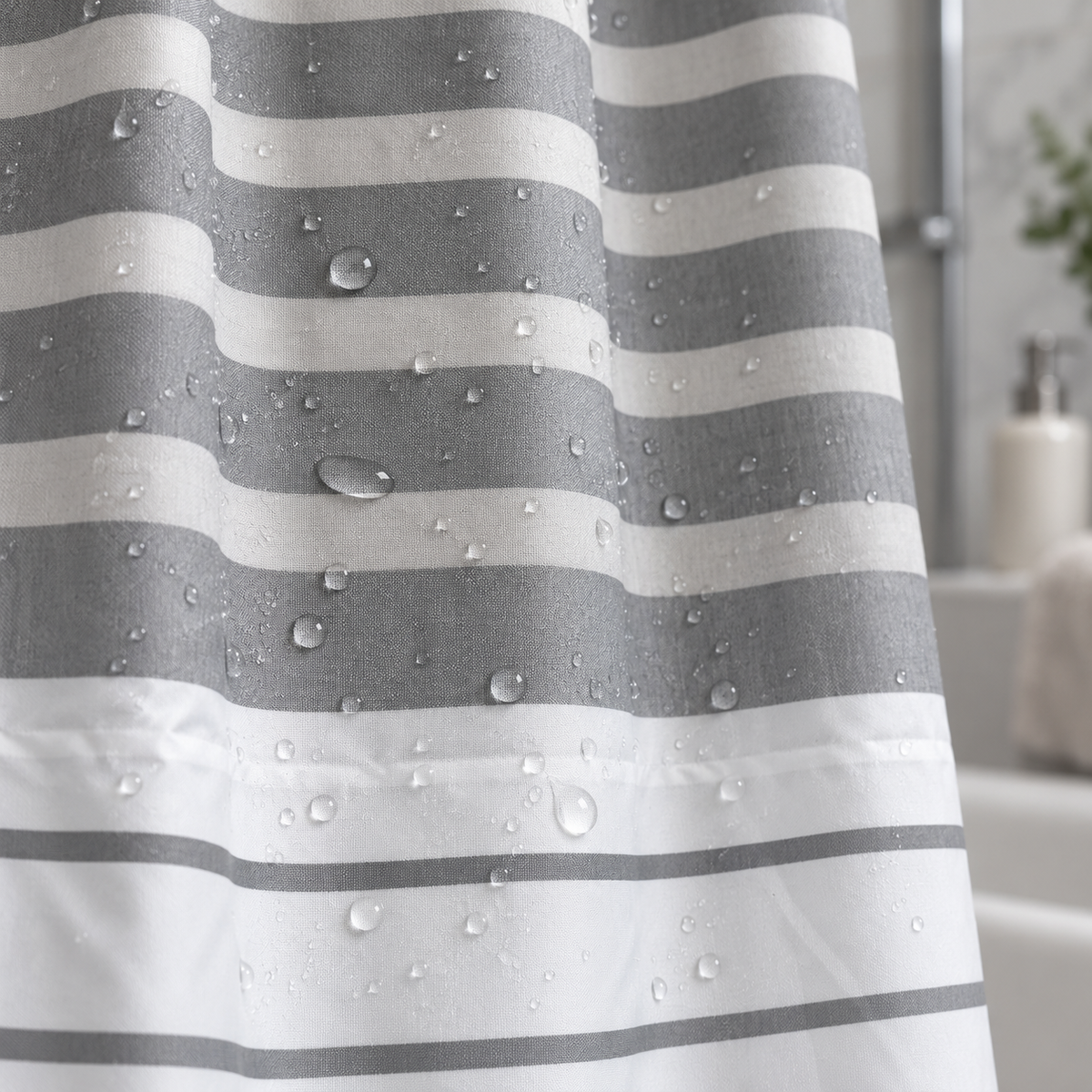 Cortina de Baño 180 × 200 cm con  liñas horizontales color beige gris y blanco