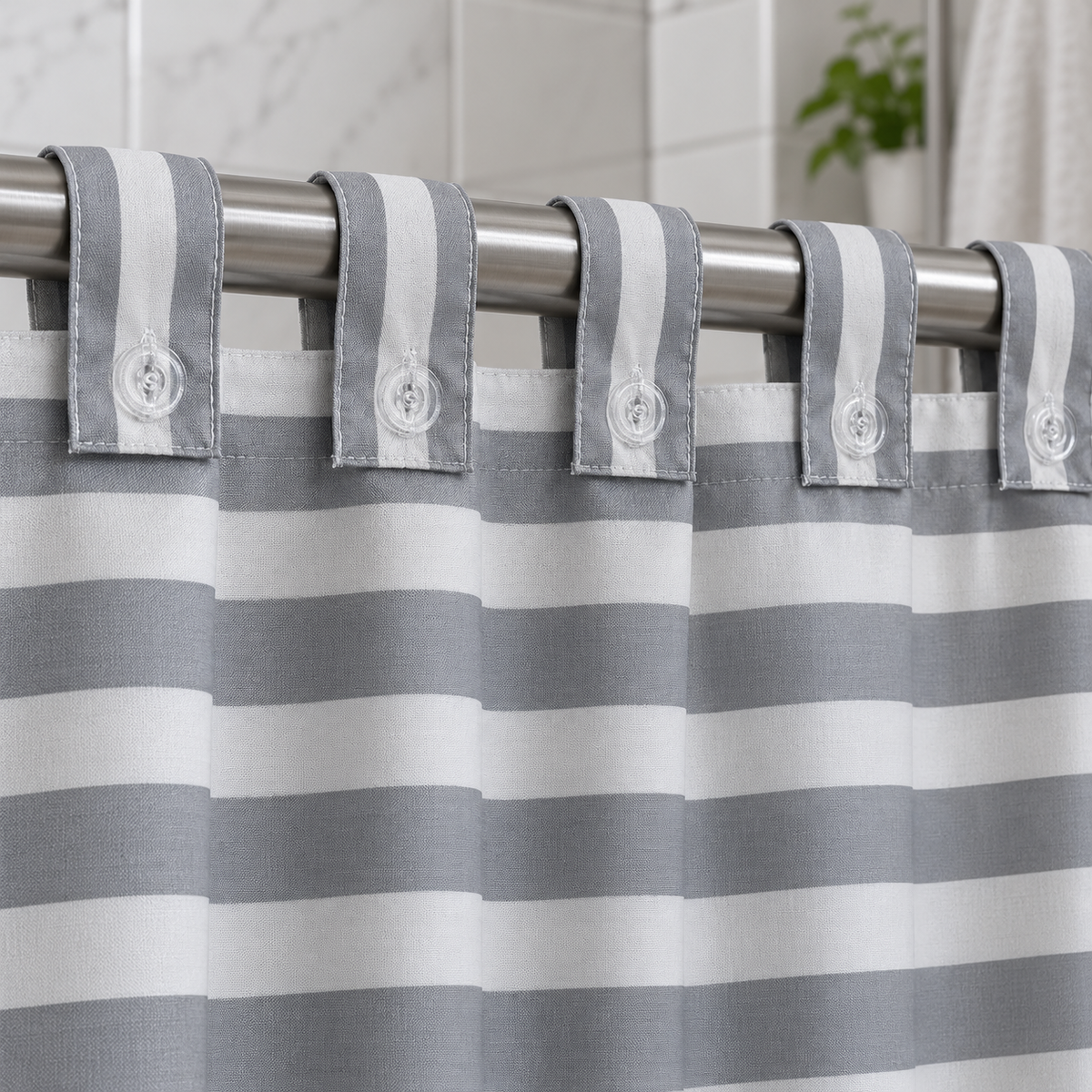 Cortina de Baño 180 × 200 cm con  liñas horizontales color beige gris y blanco