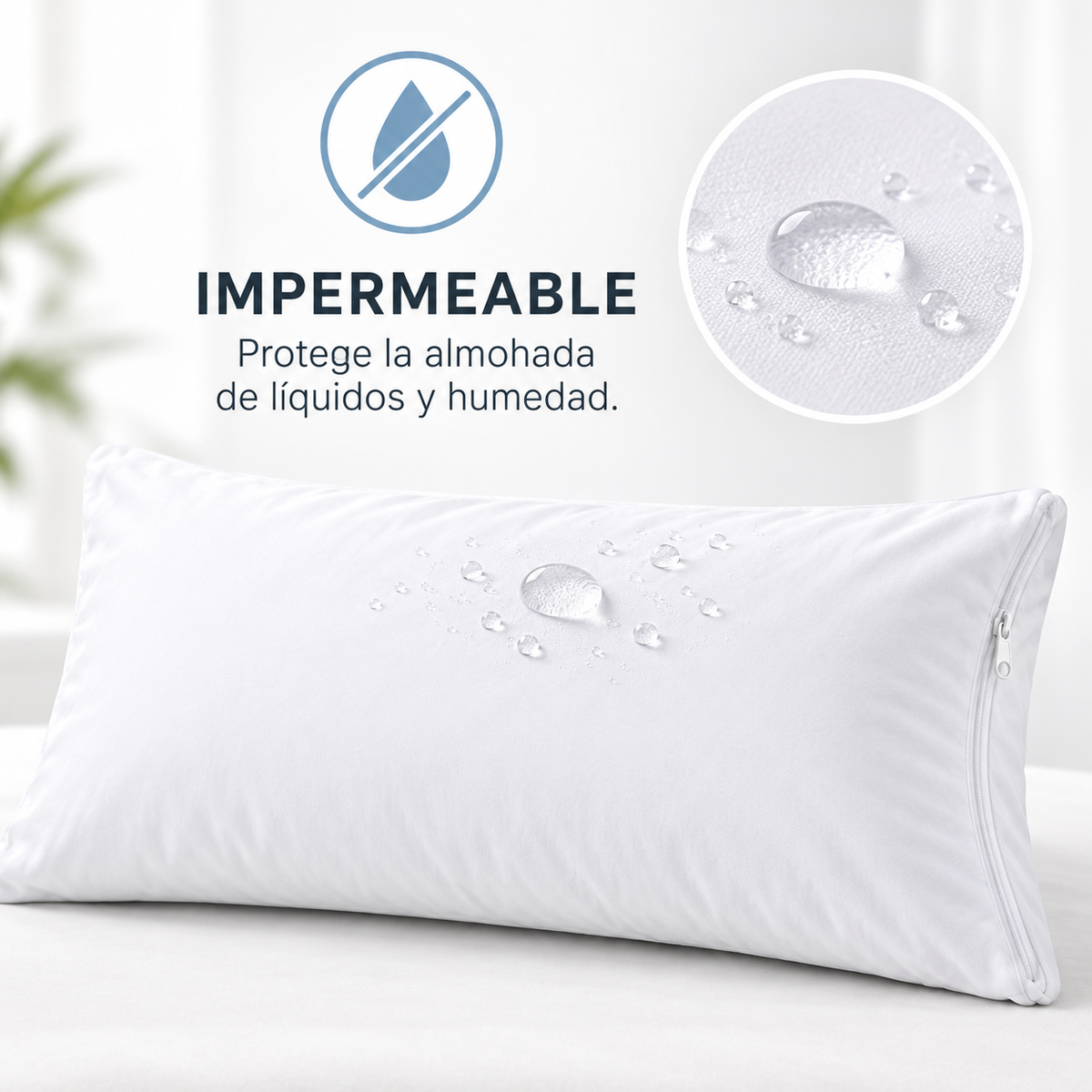 Protector de Almohada Impermeable con Cremallera, Exterior 100% Algodón, Transpirable y Antiácaros