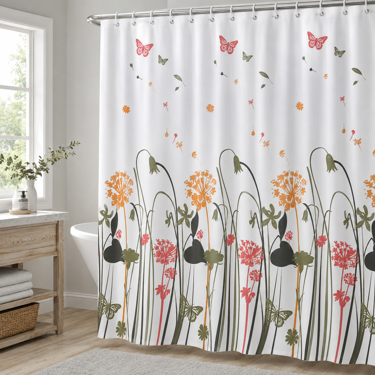 Cortina de Baño 180x180 cm de PEVA Resistente al Agua con Estampado Floral y Mariposa