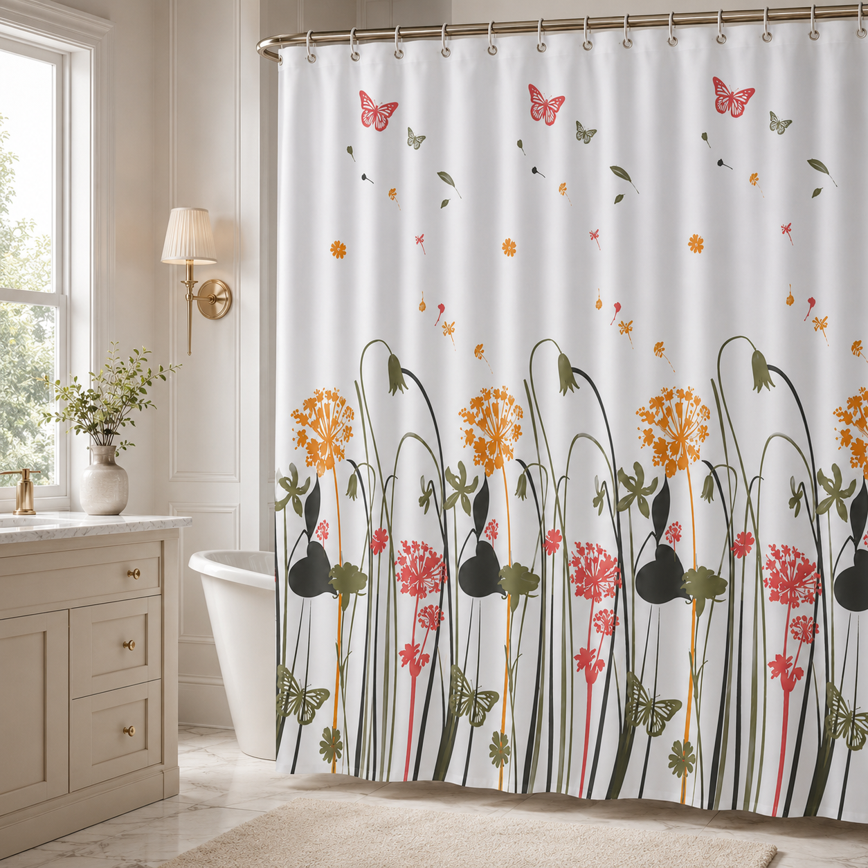 Cortina de Baño 180x180 cm de PEVA Resistente al Agua con Estampado Floral y Mariposa