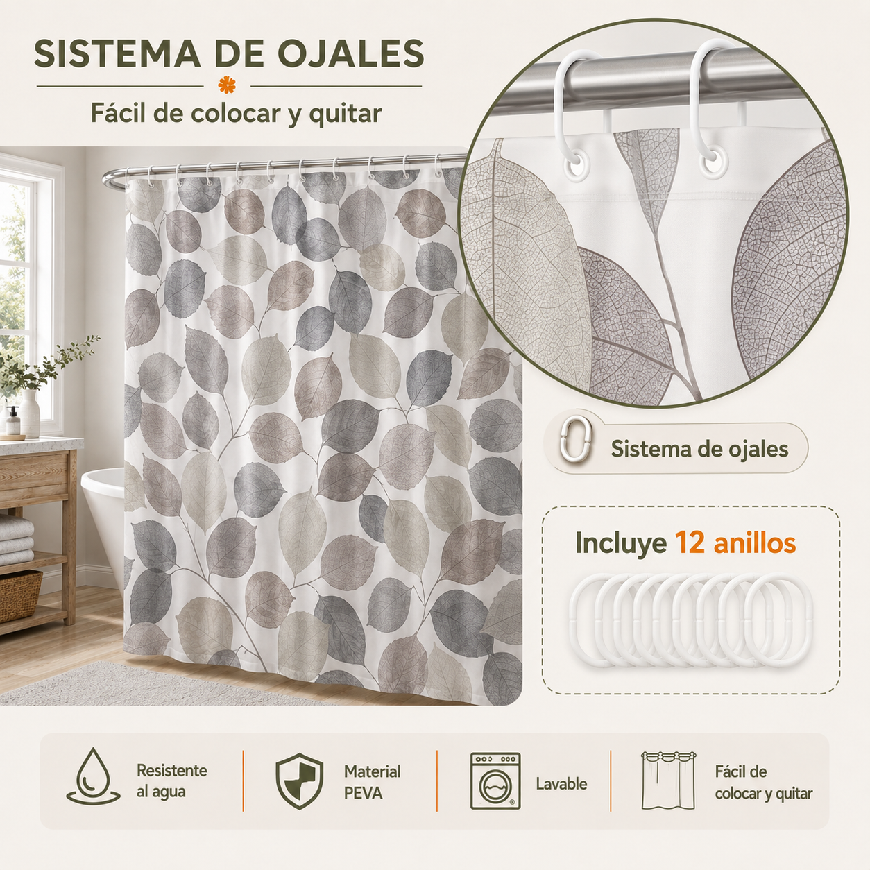 Cortina de Baño 180x180 cm de PEVA Resistente al Agua con Estampado Hojas de Otoño