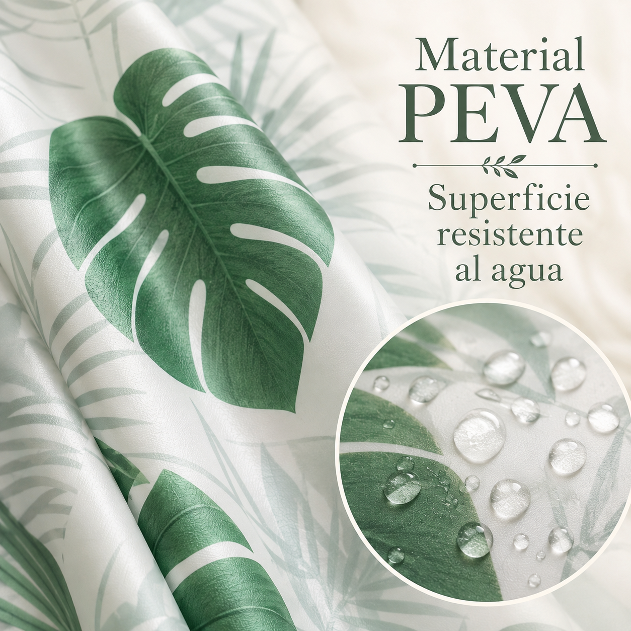 Cortina de Baño 180x180 cm de PEVA Resistente al Agua con Estampado Hojas Verdes Estilo Tropical , Lavable, Fácil de Instalar,