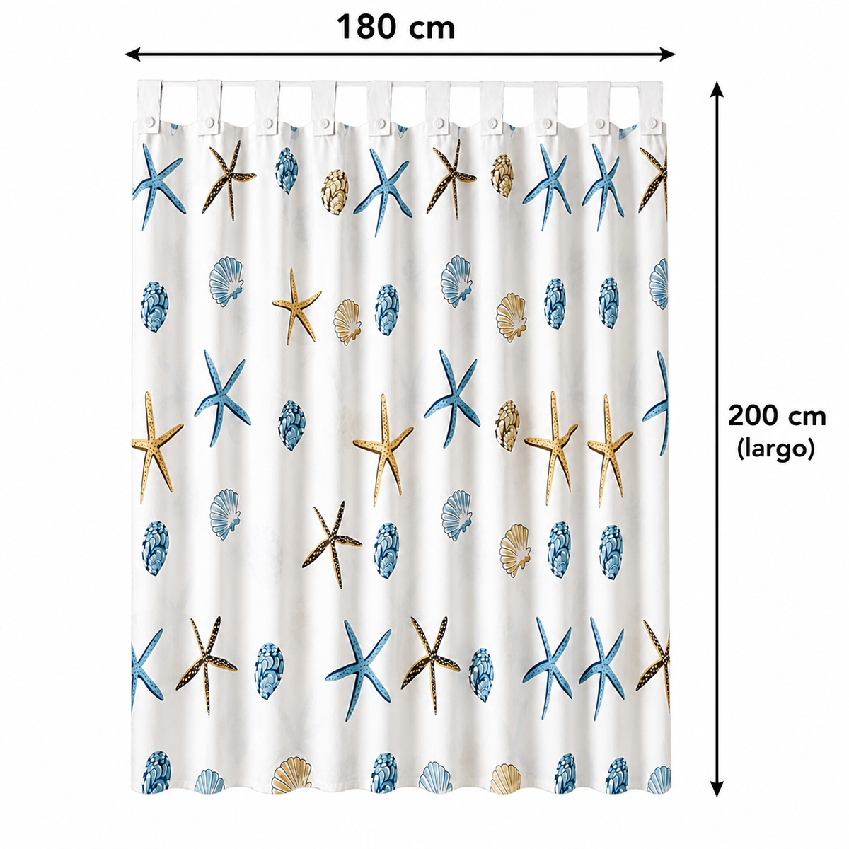 Cortina de Baño 180 × 200 cm con Estrellas de Mar y Conchas – Cortina de Ducha Impermeable, Lavable y de Secado Rápido, Diseño Marino Decorativo