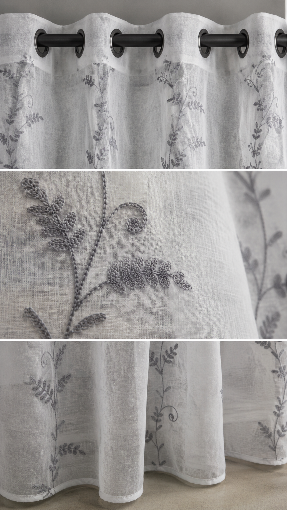 Cortina Visillo Blanca Bordada Lazo Gris 140x260 cm