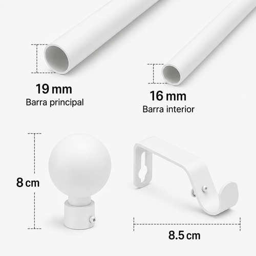Barra de cortina color blanco extensible y ajustable