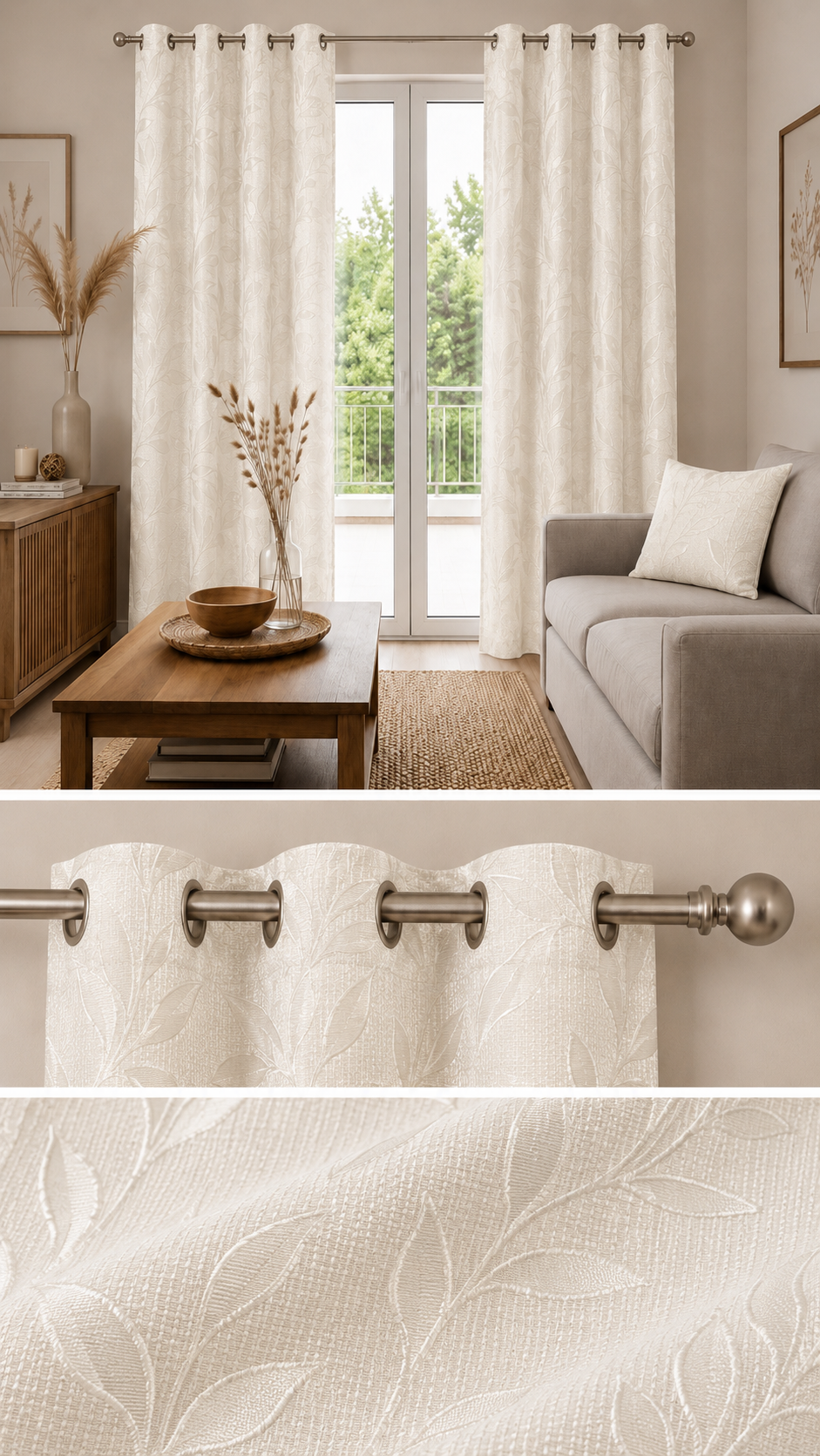 Cortina de tela 140 x 260 cm hojas crema