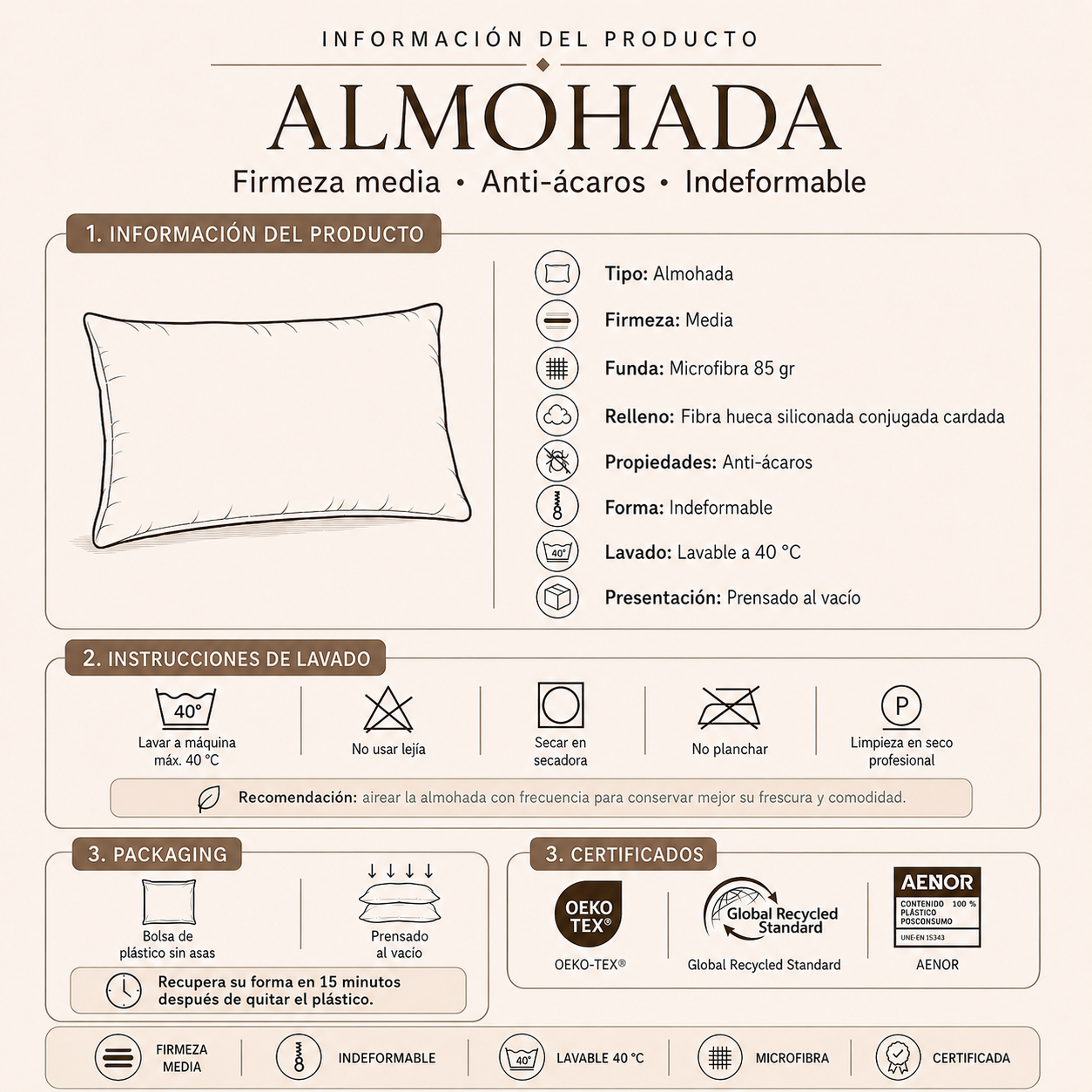 Almohada firmeza media fibra hueca antiácaros