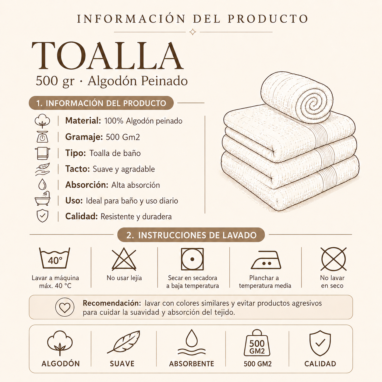Toalla Lisa 500 g/m² 100% algodón