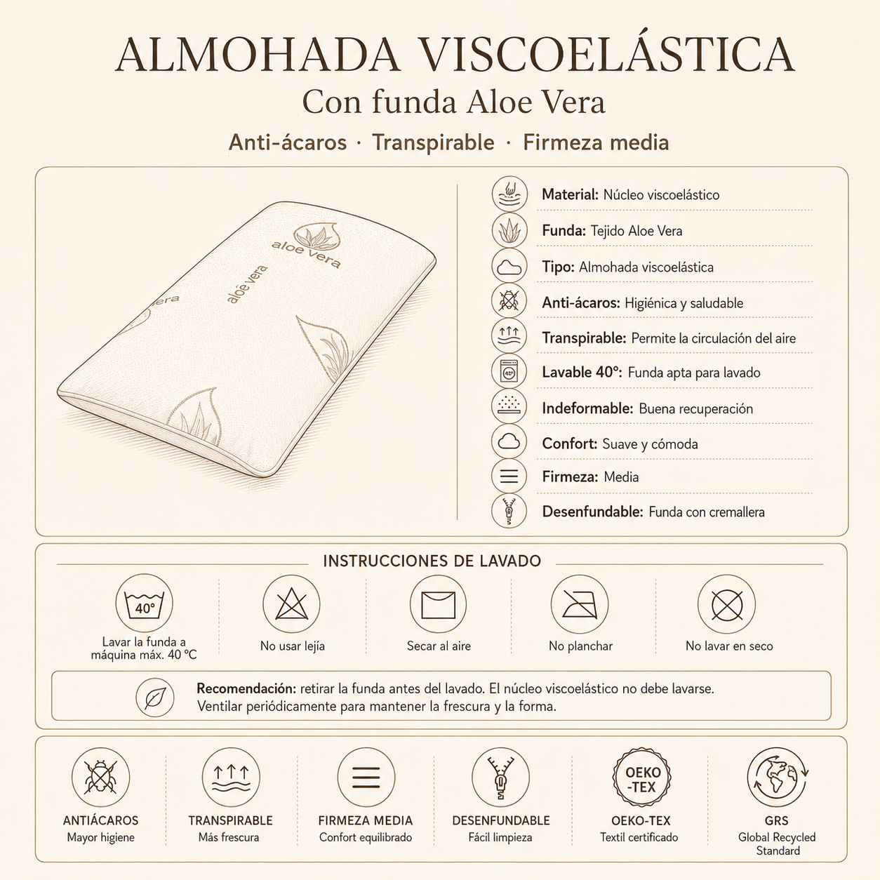 Almohada viscolástica con funda aloe vera