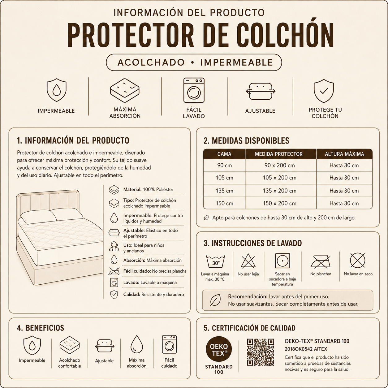 Protector de colchón acolchado impermeable