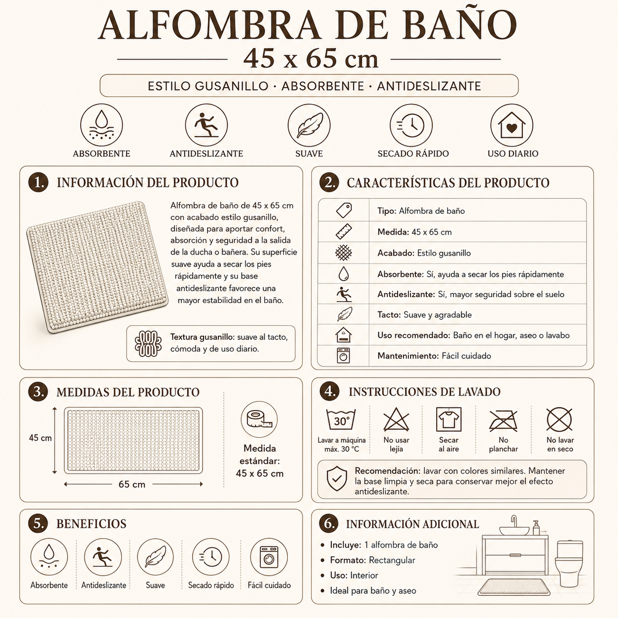 Alfombra de baño color Beig 45x65 cm