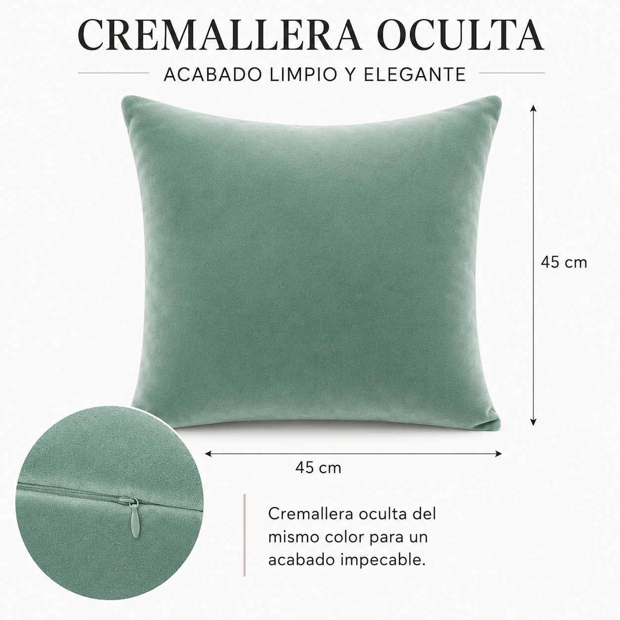 Funda De cajín terciopelo liso Color verde agua 45x45 cm