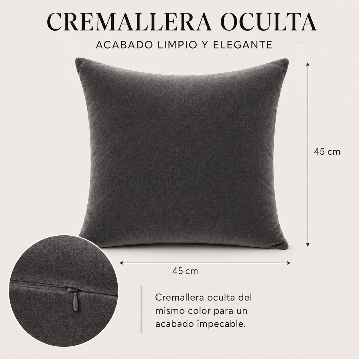 Funda De cajín terciopelo liso Color gris oscuro  45x45 cm