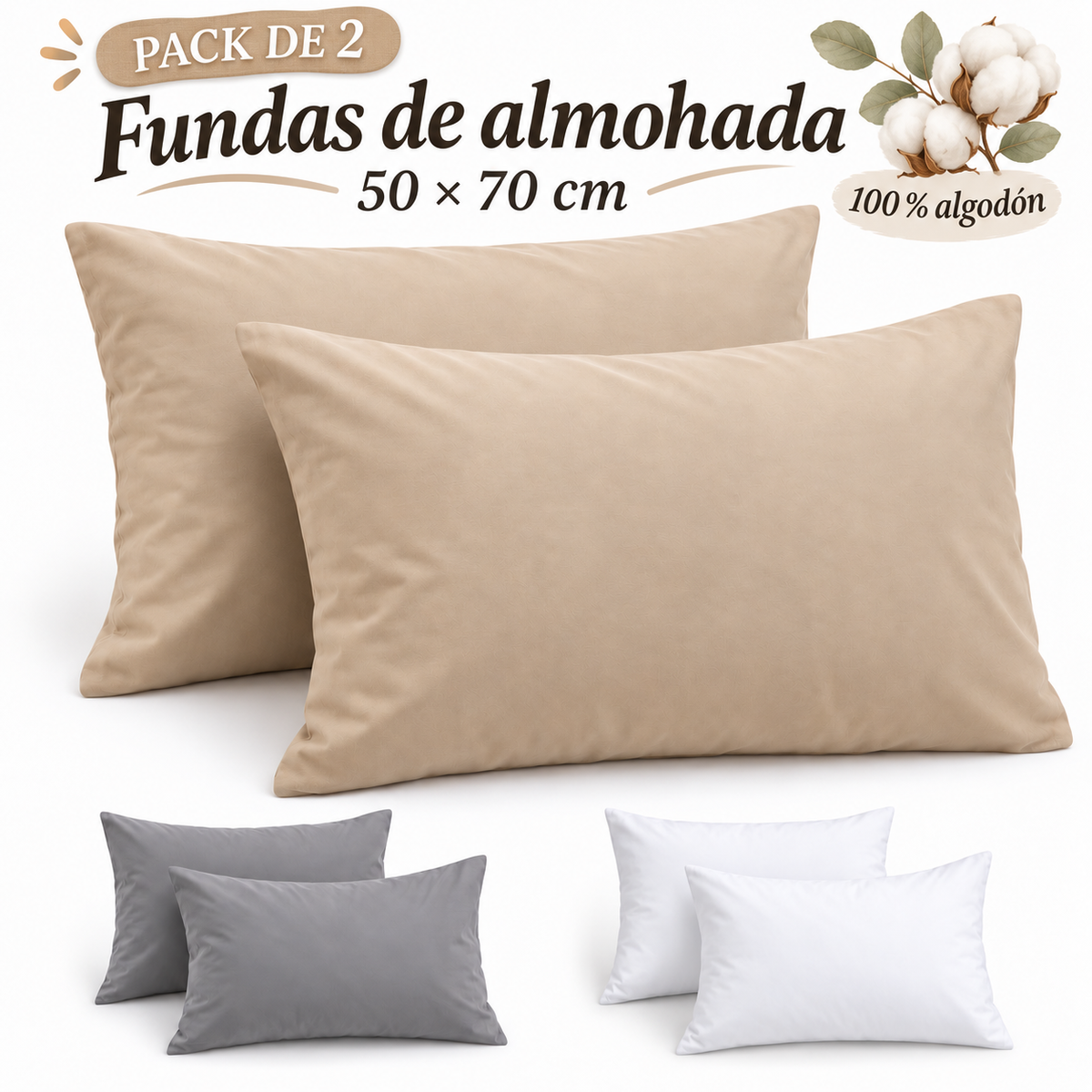 2 Fundas de almohada 50x75 cm 100% algodón