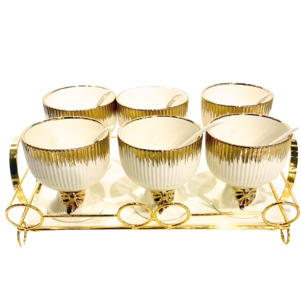 Bandeja de porcelana dorada con 6 cuencos y 6 cucharas pequeñas