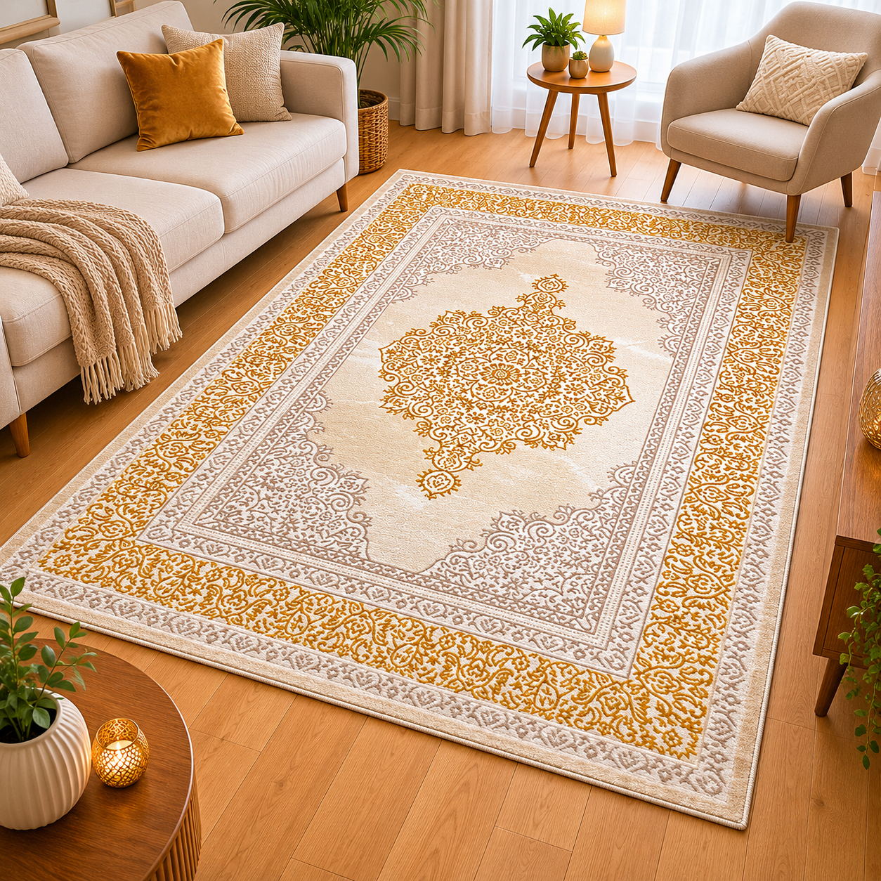 Alfombra clásica beige y dorado elegante para salón y dormitorio