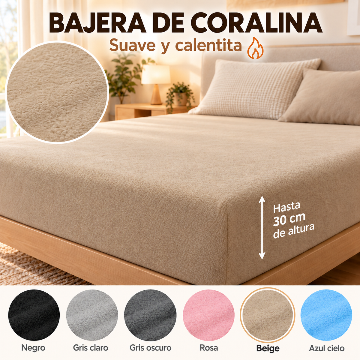 Sábana bajera ajustable de coralina cálida y suave para invierno, para colchones de hasta 30 cm de altura, camas de 90, 105, 135, 150 y 180 cm