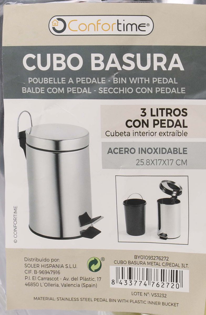CUBO BASURA METAL C/PEDAL 3LT. CONFORTIME