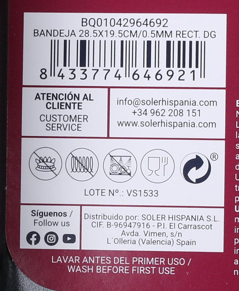 BANDEJA HORNO 28.5X19.5CM RECTANG. 0.5MM QUTTI