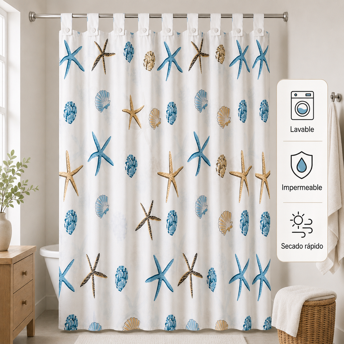 Cortina de Baño 180 × 200 cm con Estrellas de Mar y Conchas – Cortina de Ducha Impermeable, Lavable y de Secado Rápido, Diseño Marino Decorativo